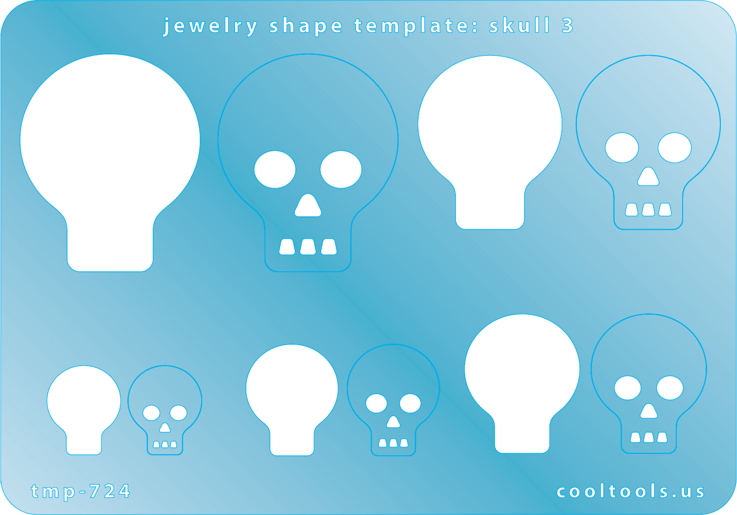 Blue plastic Jewelry Shape Template - Skull 3 Includes 5 shapes. Sizes are from 15mm to 37.5mm.  Our special surface makes it easy to find these templates on your workbench, but allows clarity for positioning.
