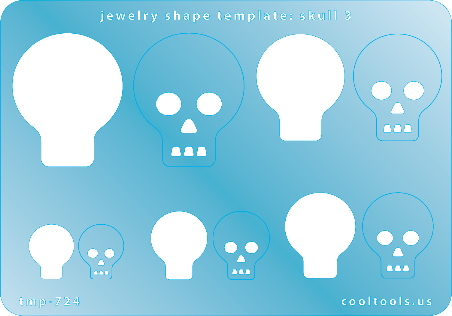 Blue plastic Jewelry Shape Template - Skull 3 Includes 5 shapes. Sizes are from 15mm to 37.5mm.  Our special surface makes it easy to find these templates on your workbench, but allows clarity for positioning.