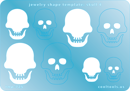 Blue plastic Jewelry Shape Template - Skull 4 Includes 4 shapes. Sizes are from 24mm to 40.5mm.  Our special surface makes it easy to find these templates on your workbench, but allows clarity for positioning.