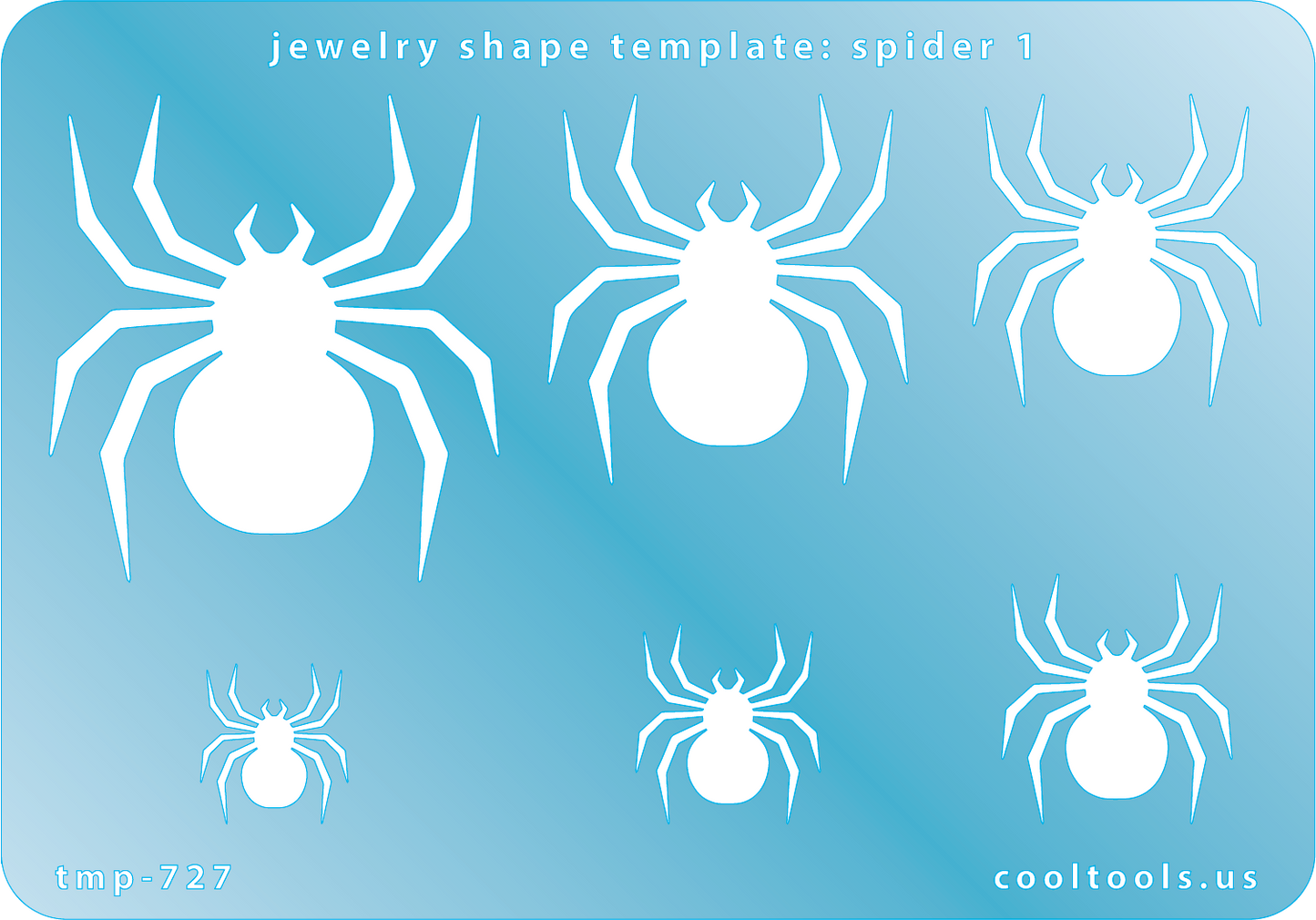 Blue plastic Jewelry Shape Template - Spider 1 Includes 6 shapes. Sizes are from 16mm to 47.5mm.  Our special surface makes it easy to find these templates on your workbench, but allows clarity for positioning.