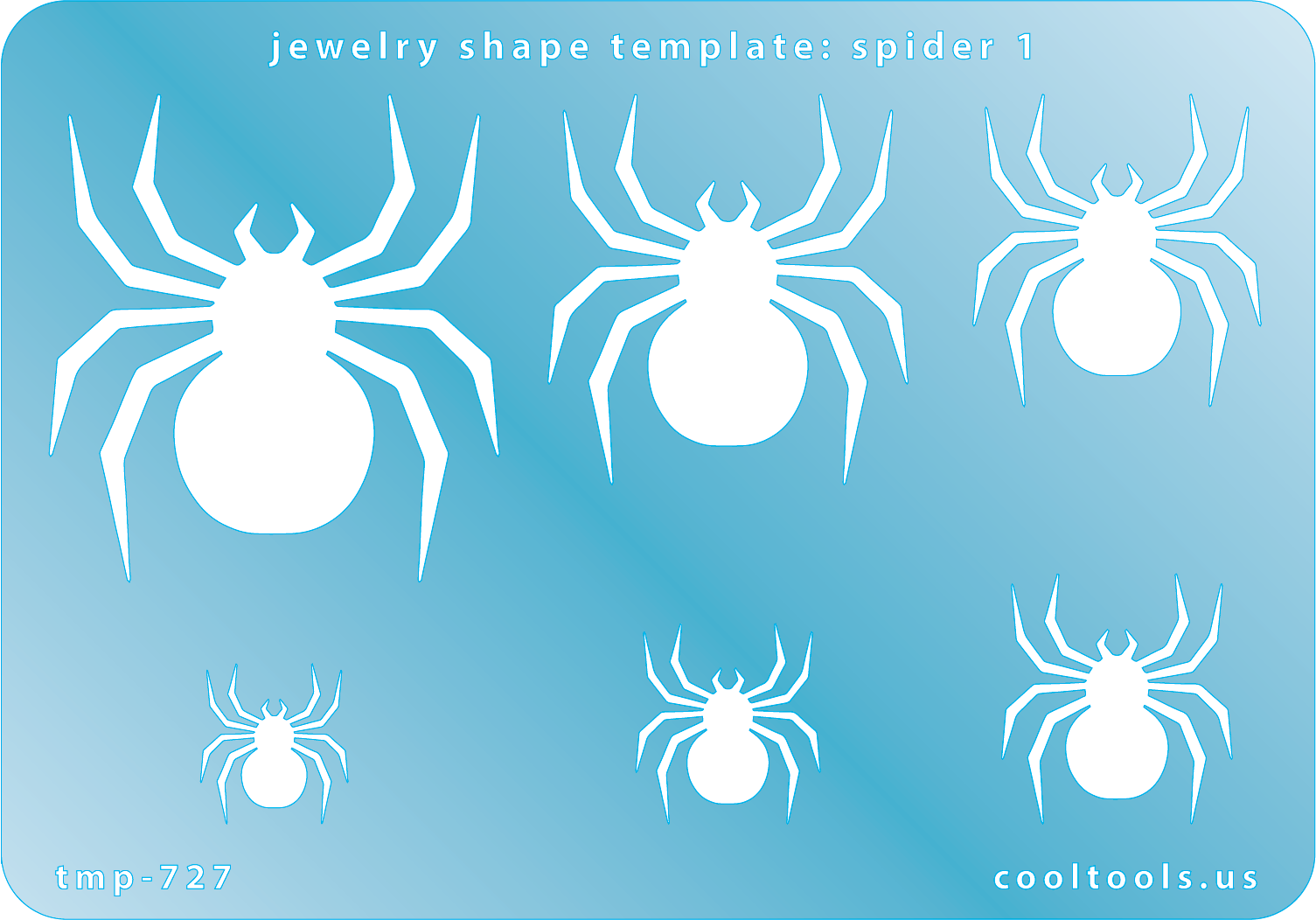 Blue plastic Jewelry Shape Template - Spider 1 Includes 6 shapes. Sizes are from 16mm to 47.5mm.  Our special surface makes it easy to find these templates on your workbench, but allows clarity for positioning.