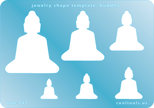 Blue plastic Jewelry Shape Template - Buddha Includes 6 shapes. Sizes are from 16.5mm to 51.5mm.  Our special surface makes it easy to find these templates on your workbench, but allows clarity for positioning.