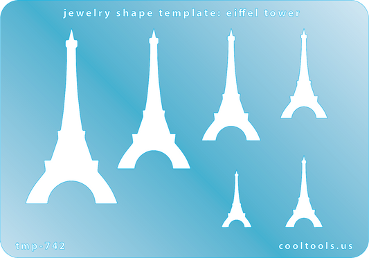 Blue plastic Jewelry Shape Template - Eiffel Tower Includes 6 shapes. Sizes are from 20mm to 61.5mm.  Our special surface makes it easy to find these templates on your workbench, but allows clarity for positioning.