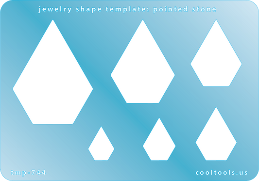 Blue plastic Jewelry Shape Template - Pointed Stone Includes 6 shapes. Sizes are from 16mm to 50.5mm.  Our special surface makes it easy to find these templates on your workbench, but allows clarity for positioning.