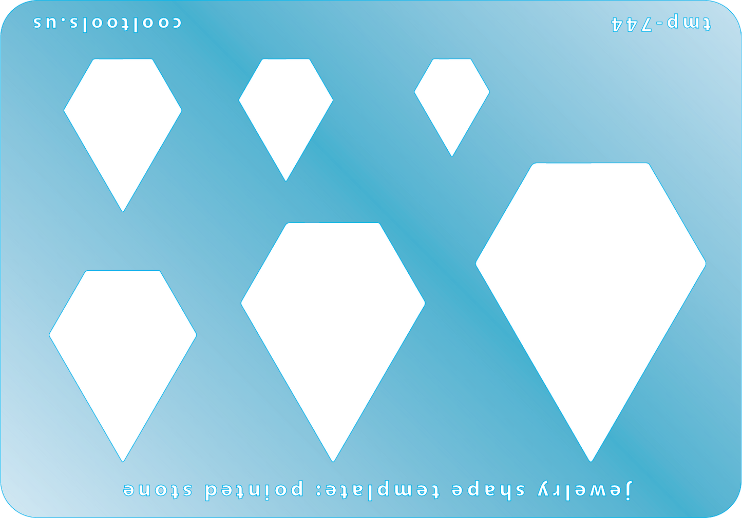 Blue plastic Jewelry Shape Template - Pointed Stone Includes 6 shapes. Sizes are from 16mm to 50.5mm.  Our special surface makes it easy to find these templates on your workbench, but allows clarity for positioning.