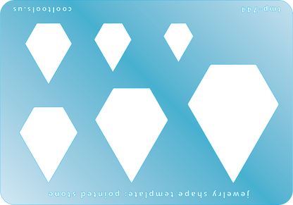 Blue plastic Jewelry Shape Template - Pointed Stone Includes 6 shapes. Sizes are from 16mm to 50.5mm.  Our special surface makes it easy to find these templates on your workbench, but allows clarity for positioning.