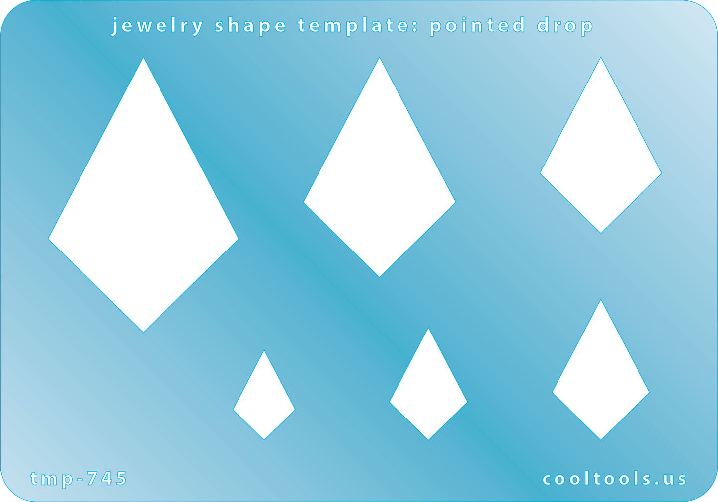 Blue plastic Jewelry Shape Template - Pointed Drop Includes 6 shapes. Sizes are from 15mm to 47.5mm.  Our special surface makes it easy to find these templates on your workbench, but allows clarity for positioning.