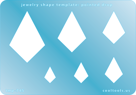 Blue plastic Jewelry Shape Template - Pointed Drop Includes 6 shapes. Sizes are from 15mm to 47.5mm.  Our special surface makes it easy to find these templates on your workbench, but allows clarity for positioning.