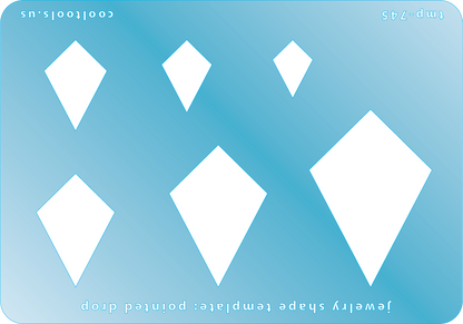 Blue plastic Jewelry Shape Template - Pointed Drop Includes 6 shapes. Sizes are from 15mm to 47.5mm.  Our special surface makes it easy to find these templates on your workbench, but allows clarity for positioning.