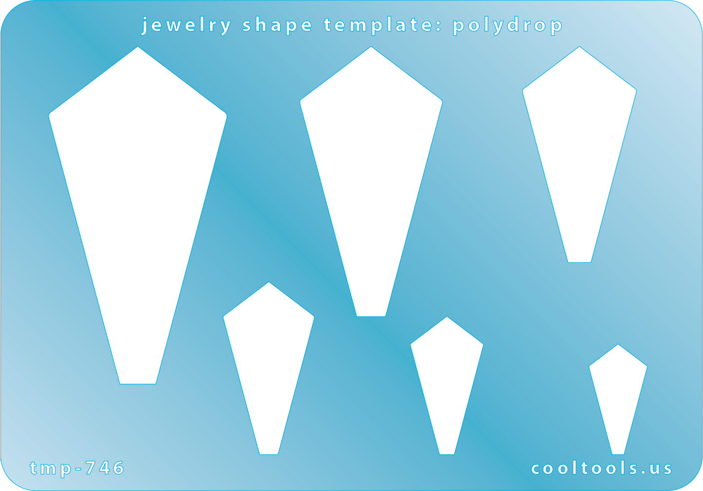 Blue plastic Jewelry Shape Template - Polydrop Includes 6 shapes. Sizes are from 19.5mm to 60.5mm.  Our special surface makes it easy to find these templates on your workbench, but allows clarity for positioning.