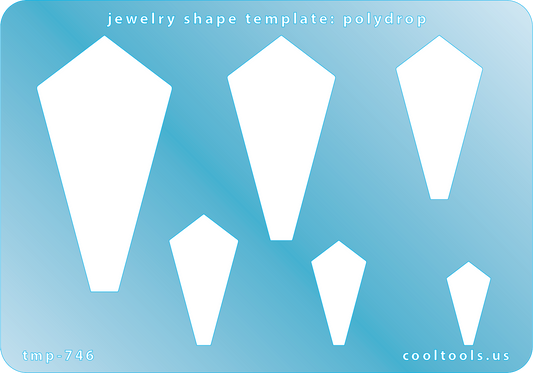 Blue plastic Jewelry Shape Template - Polydrop Includes 6 shapes. Sizes are from 19.5mm to 60.5mm.  Our special surface makes it easy to find these templates on your workbench, but allows clarity for positioning.