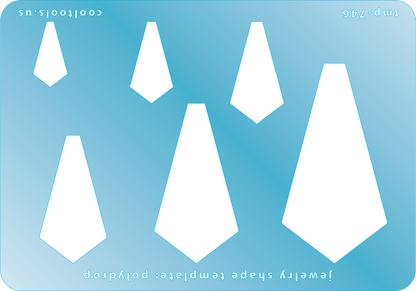 Blue plastic Jewelry Shape Template - Polydrop Includes 6 shapes. Sizes are from 19.5mm to 60.5mm.  Our special surface makes it easy to find these templates on your workbench, but allows clarity for positioning.