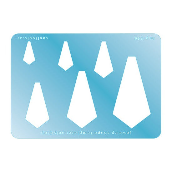 Blue plastic Jewelry Shape Template - Polydrop Includes 6 shapes. Sizes are from 19.5mm to 60.5mm. Our special surface makes it easy to find these templates on your workbench, but allows clarity for positioning.