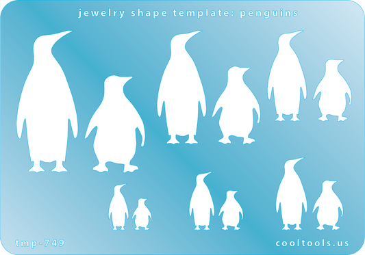 Blue plastic Jewelry Shape Template - Penguins Includes 12 shapes. Sizes are from 11mm to 48.5mm.  Our special surface makes it easy to find these templates on your workbench, but allows clarity for positioning.Blue plastic Jewelry Shape Template - Penguins Includes 12 shapes. Sizes are from 11mm to 48.5mm.  Our special surface makes it easy to find these templates on your workbench, but allows clarity for positioning.