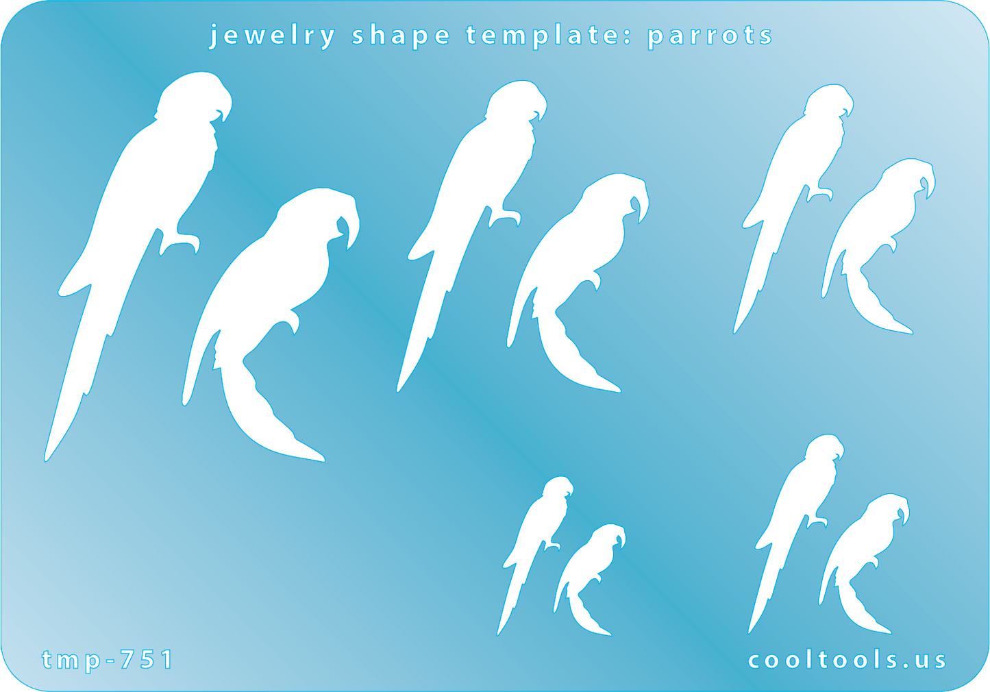 Blue plastic Jewelry Shape Template - Parrots Includes 10 shapes. Sizes are from 14mm to54mm.  Our special surface makes it easy to find these templates on your workbench, but allows clarity for positioning.