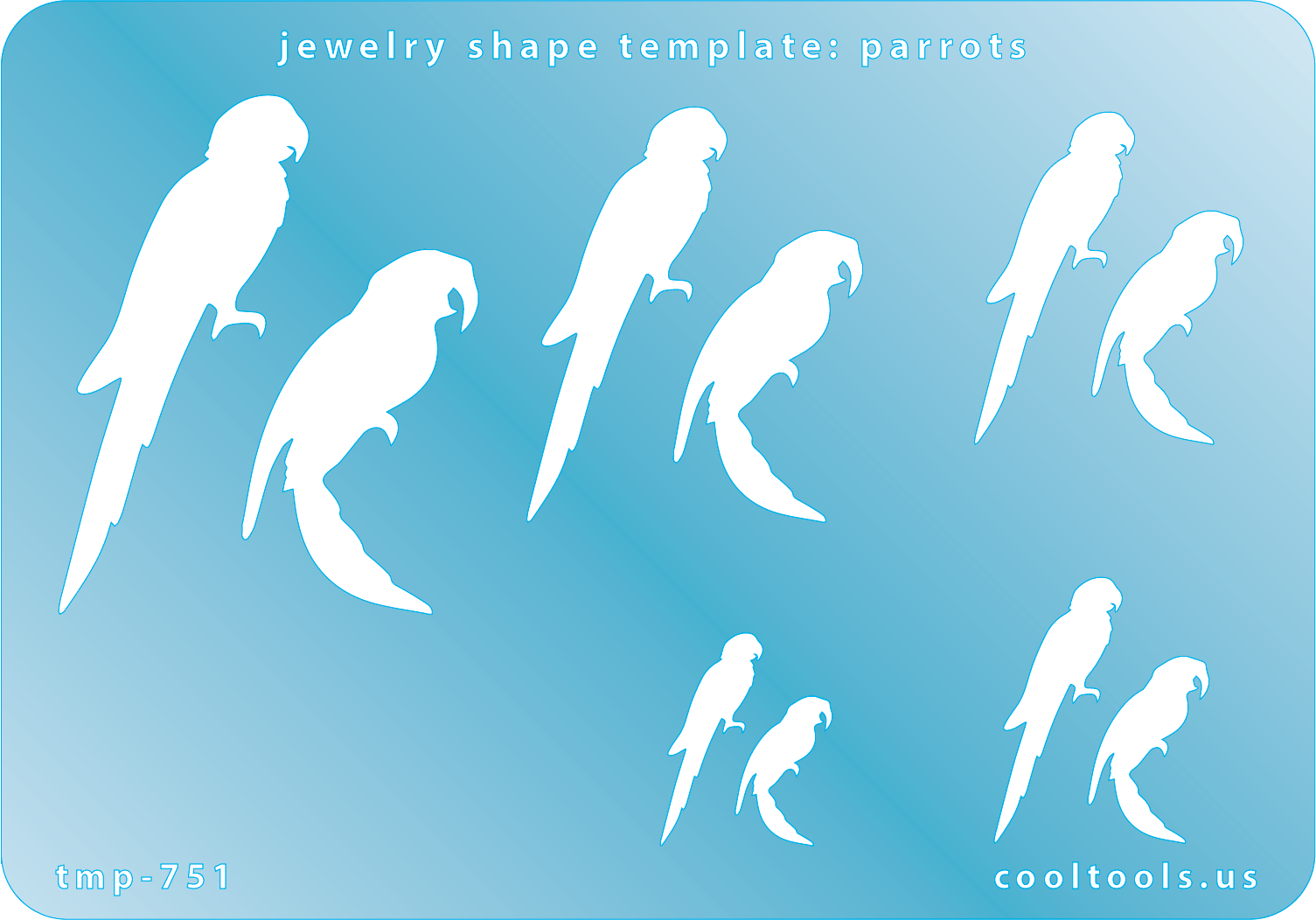 Blue plastic Jewelry Shape Template - Parrots Includes 10 shapes. Sizes are from 14mm to54mm.  Our special surface makes it easy to find these templates on your workbench, but allows clarity for positioning.