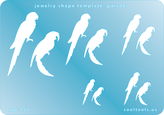 Blue plastic Jewelry Shape Template - Parrots Includes 10 shapes. Sizes are from 14mm to54mm.  Our special surface makes it easy to find these templates on your workbench, but allows clarity for positioning.