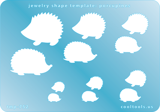 Blue plastic Jewelry Shape Template - Porcupines Includes 12 shapes. Sizes are from 14mm to 32.5mm.  Our special surface makes it easy to find these templates on your workbench, but allows clarity for positioning.
