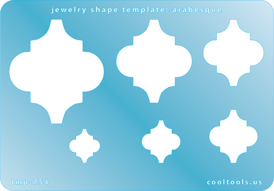 Blue plastic Jewelry Shape Template - Arabesque Includes 6 shapes. Sizes are from 10.5mm to 43.5mm.  Our special surface makes it easy to find these templates on your workbench, but allows clarity for positioning.