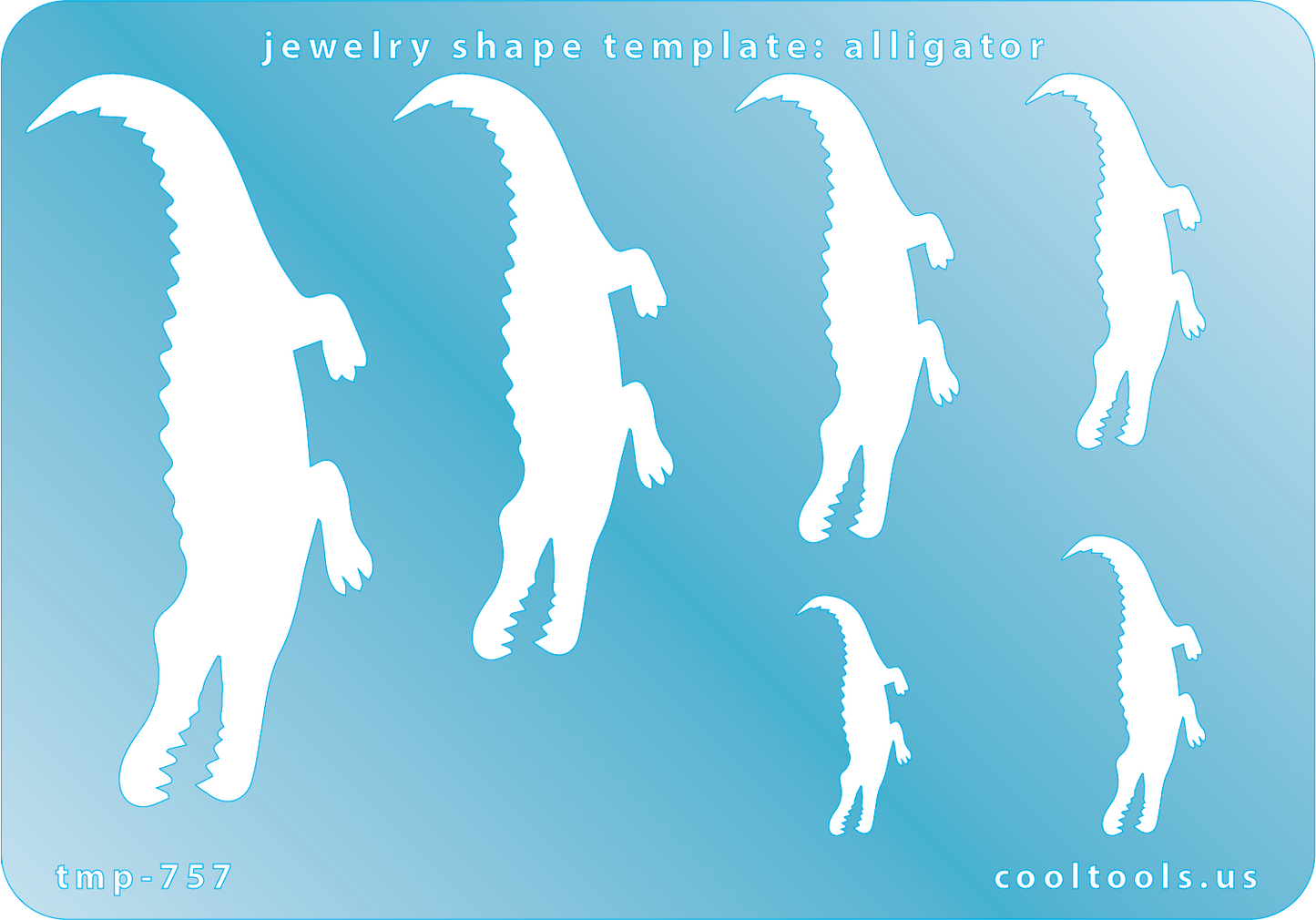 Blue plastic Jewelry Shape Template - Alligator Includes 6 shapes. Sizes are from 23mm to 70.5mm.  Our special surface makes it easy to find these templates on your workbench, but allows clarity for positioning