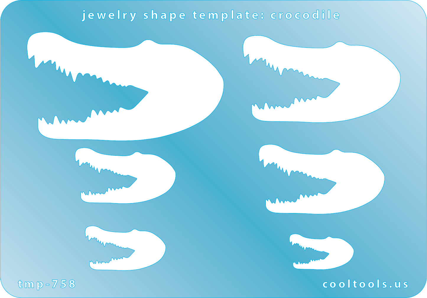 Blue plastic Jewelry Shape Template - Crocodile Includes 6 shapes. Sizes are from 19.5mm to 59.5mm.  Our special surface makes it easy to find these templates on your workbench, but allows clarity for positioning.