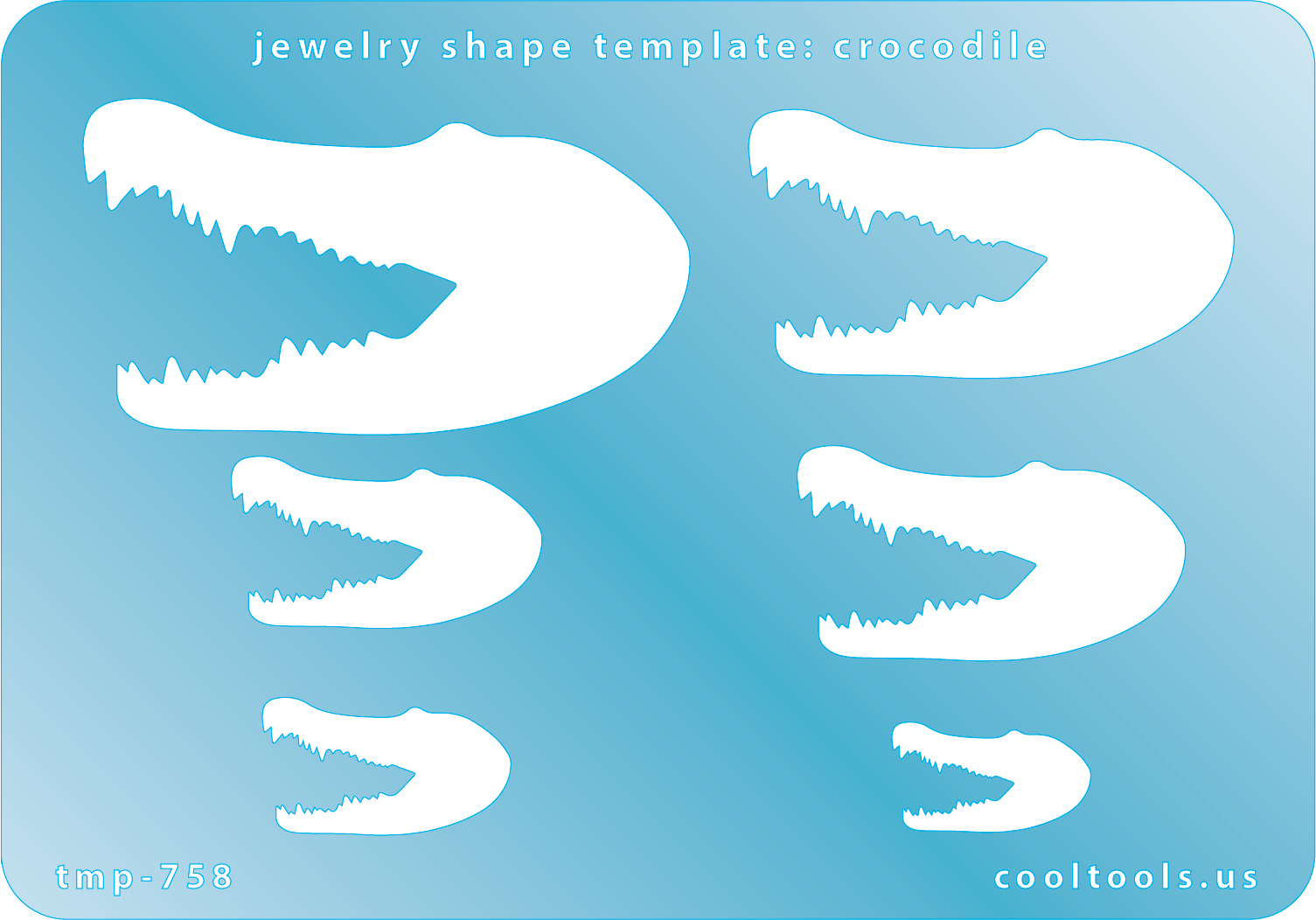 Blue plastic Jewelry Shape Template - Crocodile Includes 6 shapes. Sizes are from 19.5mm to 59.5mm.  Our special surface makes it easy to find these templates on your workbench, but allows clarity for positioning.