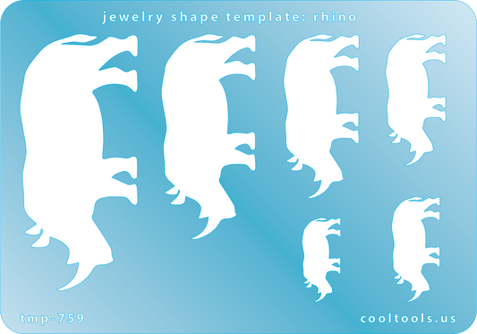 Blue plastic Jewelry Shape Template - Rhino Includes 6 shapes. Sizes are from 22mm to 68mm.  Our special surface makes it easy to find these templates on your workbench, but allows clarity for positioning.