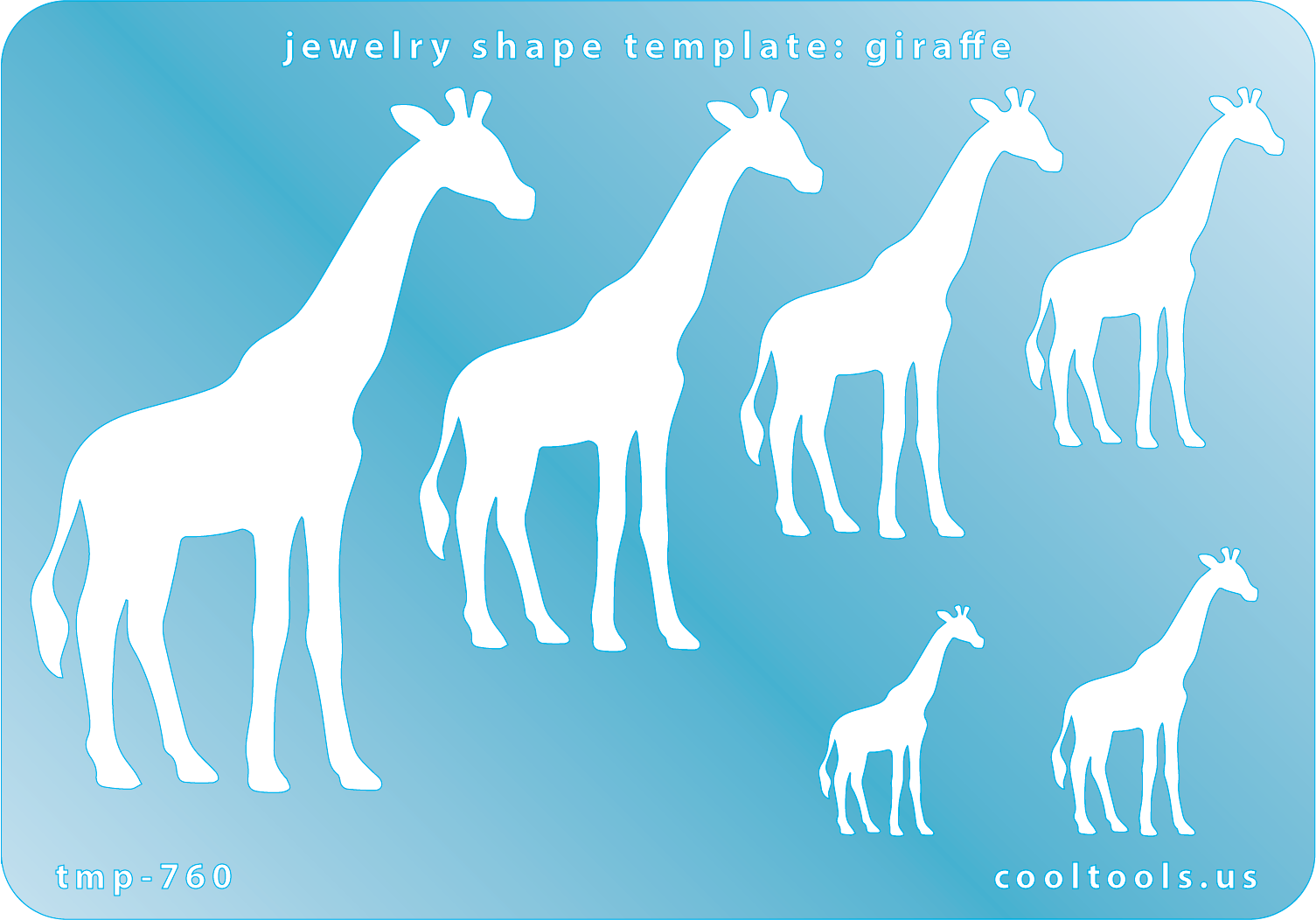 Blue plastic Jewelry Shape Template - Giraffe Includes 6 shapes. Sizes are from 24.5mm to 76.5mm.  Our special surface makes it easy to find these templates on your workbench, but allows clarity for positionin