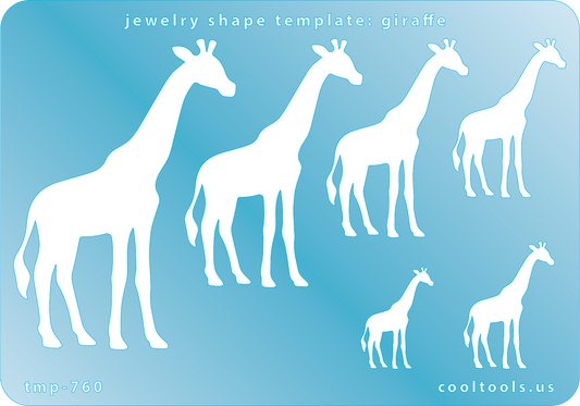 Blue plastic Jewelry Shape Template - Giraffe Includes 6 shapes. Sizes are from 24.5mm to 76.5mm.  Our special surface makes it easy to find these templates on your workbench, but allows clarity for positionin