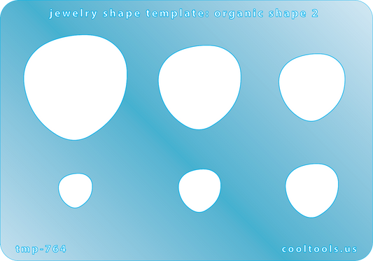 Blue plastic Jewelry Shape Template - Organic Shape 2 Includes 6 shapes. Sizes are from 12mm to 37mm.  Our special surface makes it easy to find these templates on your workbench, but allows clarity for positioning.