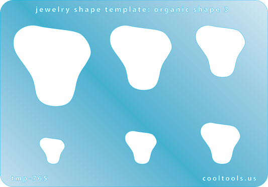 Blue plastic Jewelry Shape Template - Organic Shape 3 Includes 6 shapes. Sizes are from 12mm to 42mm.  Our special surface makes it easy to find these templates on your workbench, but allows clarity for positioning.