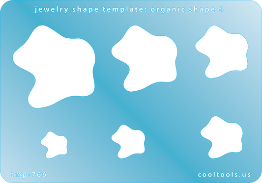 Blue plastic Jewelry Shape Template - Organic Shape 4 Includes 6 shapes. Sizes are from 13.5mm to 42.5mm.  Our special surface makes it easy to find these templates on your workbench, but allows clarity for positioning.