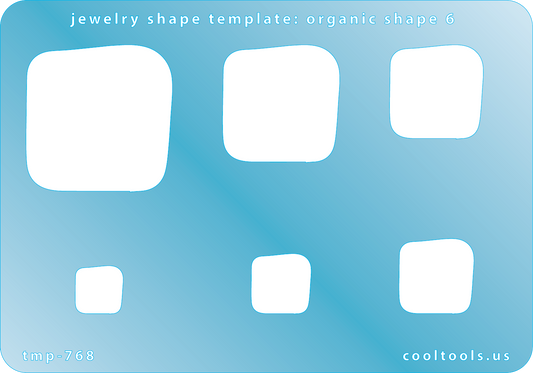 Blue plastic Jewelry Shape Template - Organic Shape 6 Includes 6 shapes. Sizes are from 13.5mm to 41.5mm.  Our special surface makes it easy to find these templates on your workbench, but allows clarity for positioning.