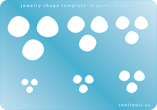 Blue plastic Jewelry Shape Template - Organic Shape 8 Includes 6 shapes. Sizes are from 12mm to 38mm.  Our special surface makes it easy to find these templates on your workbench, but allows clarity for positioning.