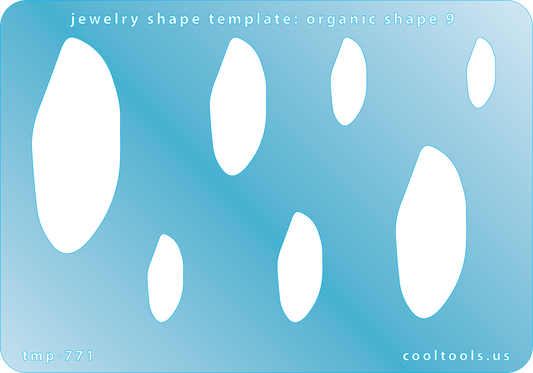 Blue plastic Jewelry Shape Template - Organic Shape 9 Includes 7 shapes. Sizes are from 16.5mm to 51.5mm.  Our special surface makes it easy to find these templates on your workbench, but allows clarity for positioning.