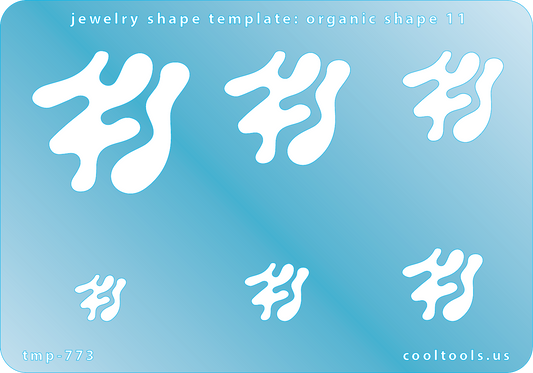 Blue plastic Jewelry Shape Template - Organic Shape 11 Includes 7 shapes. Sizes are from 12.5mm to 40mm.  Our special surface makes it easy to find these templates on your workbench, but allows clarity for positioning.
