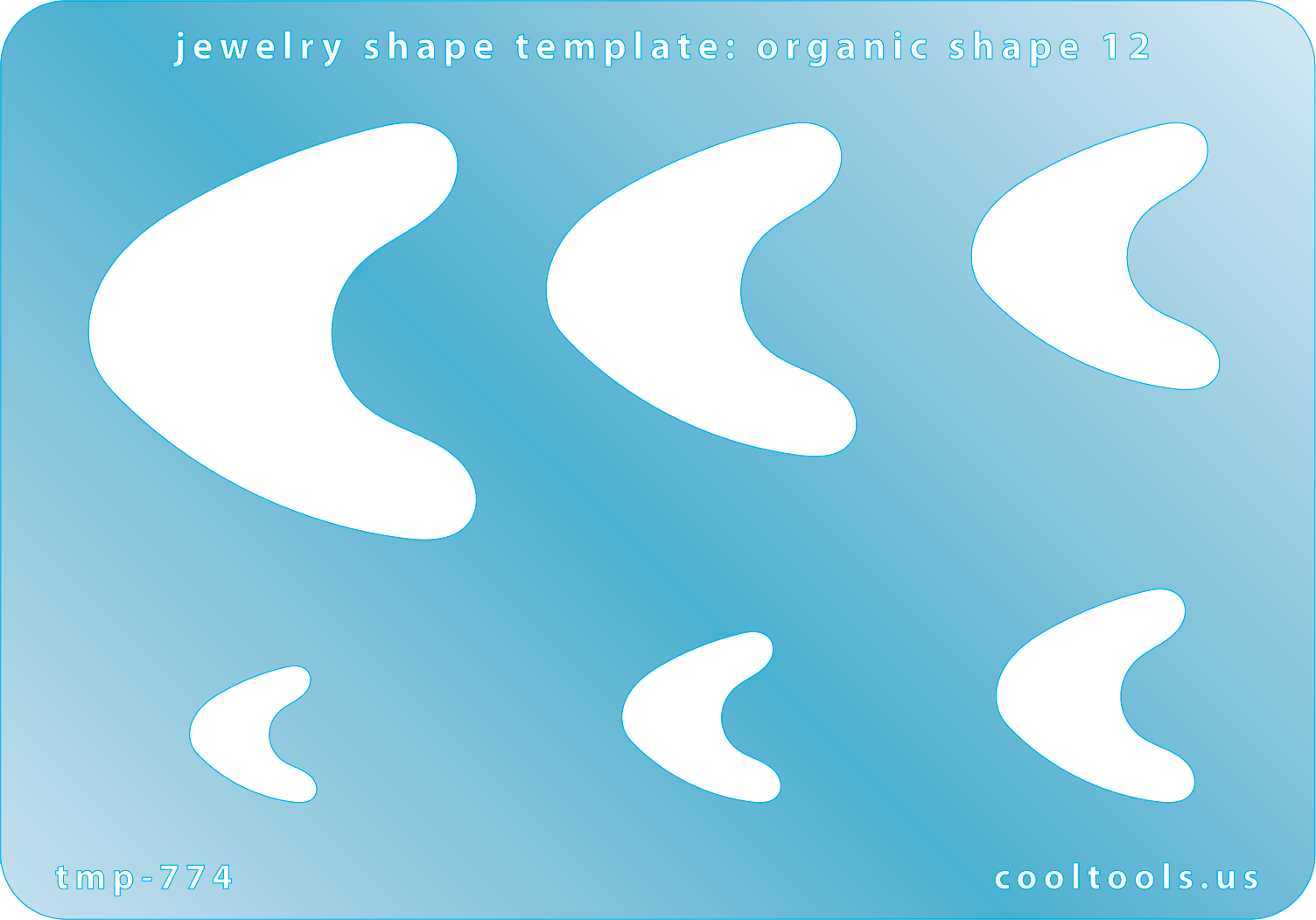Blue plastic Jewelry Shape Template - Organic Shape 12 Includes 7 shapes. Sizes are from 13mm to 41mm.  Our special surface makes it easy to find these templates on your workbench, but allows clarity for positioning.