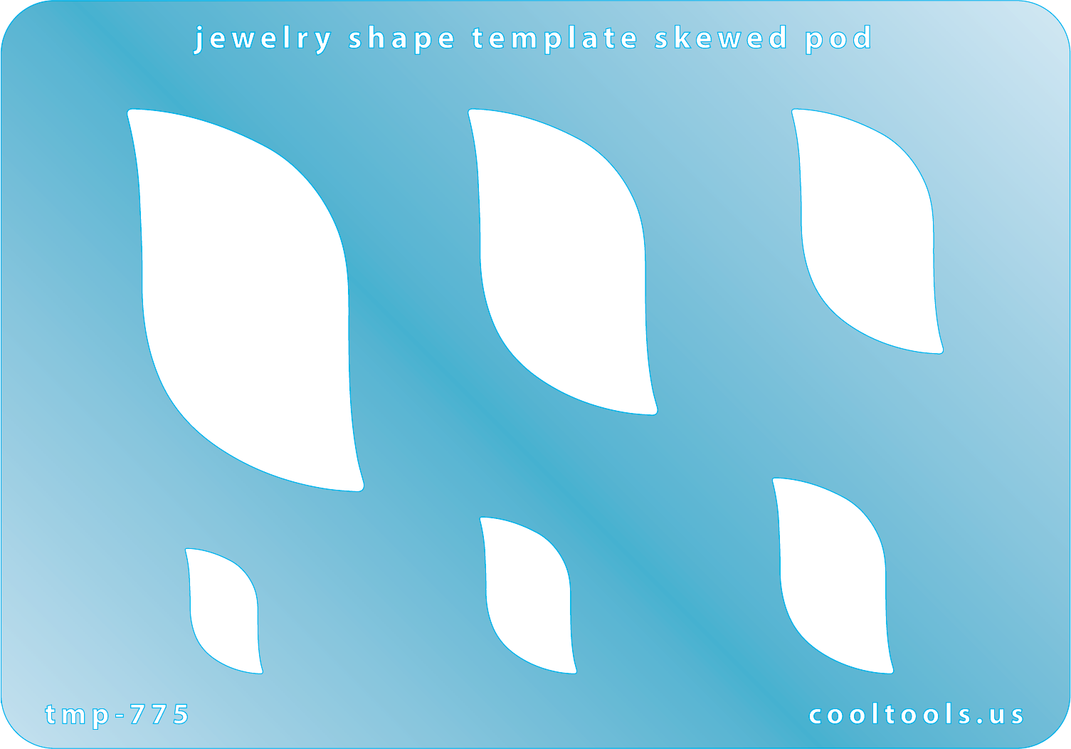 Blue plastic Jewelry Shape Template - Skewed Pod Includes 6 shapes. Sizes are from 17mm to 52.5mm.  Our special surface makes it easy to find these templates on your workbench, but allows clarity for positioning.
