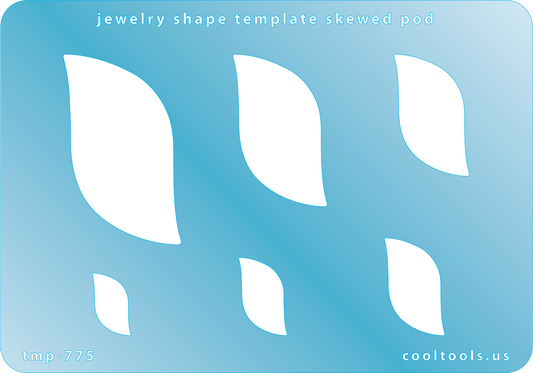 Blue plastic Jewelry Shape Template - Skewed Pod Includes 6 shapes. Sizes are from 17mm to 52.5mm.  Our special surface makes it easy to find these templates on your workbench, but allows clarity for positioning.