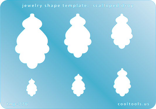 Blue plastic Jewelry Shape Template - Scalloped Drop Includes 6 shapes. Sizes are from 14.5mm to 45mm.  Our special surface makes it easy to find these templates on your workbench, but allows clarity for positioning.