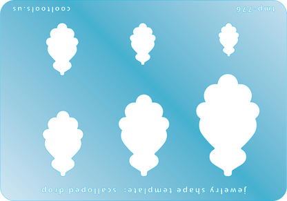 Blue plastic Jewelry Shape Template - Scalloped Drop Includes 6 shapes. Sizes are from 14.5mm to 45mm.  Our special surface makes it easy to find these templates on your workbench, but allows clarity for positioning.