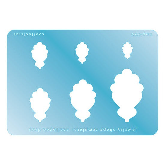 Blue plastic Jewelry Shape Template - Scalloped Drop Includes 6 shapes. Sizes are from 14.5mm to 45mm. Our special surface makes it easy to find these templates on your workbench, but allows clarity for positioning.