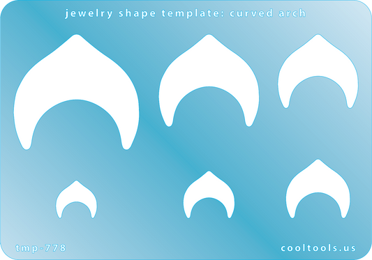 Blue plastic  Jewelry Shape Template - Curved Arch Includes 6 shapes. Sizes are from 14mm to 43mm.  Our special surface makes it easy to find these templates on your workbench, but allows clarity for positioning.