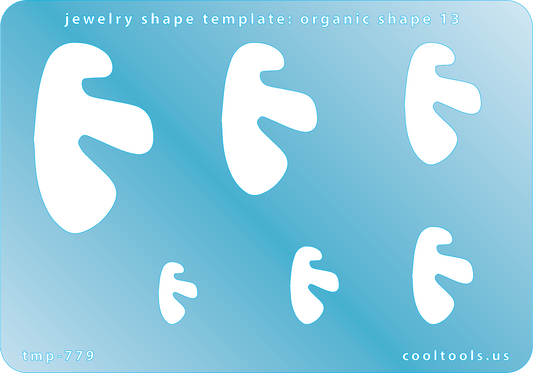 Blue plastic Jewelry Shape Template - Organic Shape 13 Includes 6 shapes. Sizes are from 14.5mm to 45.5mm.  Our special surface makes it easy to find these templates on your workbench, but allows clarity for positioning.