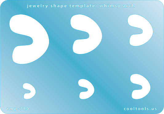Blue plastic Jewelry Shape Template - Whimsy Arch Includes 6 shapes. Sizes are from 12.5mm to 39mm.  Our special surface makes it easy to find these templates on your workbench, but allows clarity for positioning.