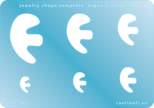 Blue plastic Jewelry Shape Template - Organic Shape 14 Includes 6 shapes. Sizes are from 13.5mm to 41mm.  Our special surface makes it easy to find these templates on your workbench, but allows clarity for positioning.