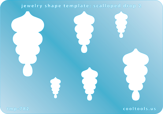 Blue plastic Jewelry Shape Template - Scalloped Drop 2 Includes 6 shapes. Sizes are from 16.5mm to 50.5mm.  Our special surface makes it easy to find these templates on your workbench, but allows clarity for positioning.