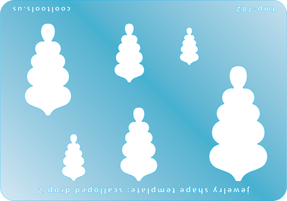 Blue plastic Jewelry Shape Template - Scalloped Drop 2 Includes 6 shapes. Sizes are from 16.5mm to 50.5mm.  Our special surface makes it easy to find these templates on your workbench, but allows clarity for positioning.