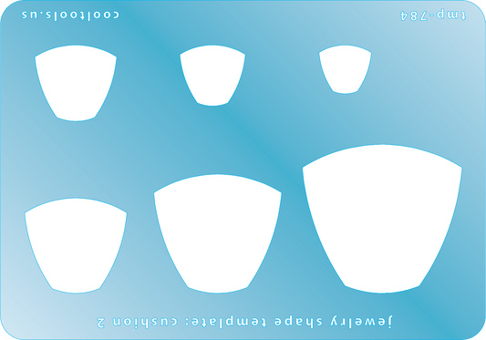 Blue plastic Jewelry Shape Template - Cushion 2 Includes 6 shapes. Sizes are from 14.5mm to 43.5mm.  Our special surface makes it easy to find these templates on your workbench, but allows clarity for positioning.