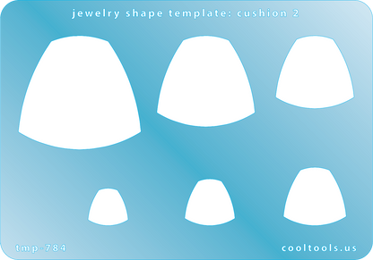 Blue plastic Jewelry Shape Template - Cushion 2 Includes 6 shapes. Sizes are from 14.5mm to 43.5mm.  Our special surface makes it easy to find these templates on your workbench, but allows clarity for positioning.